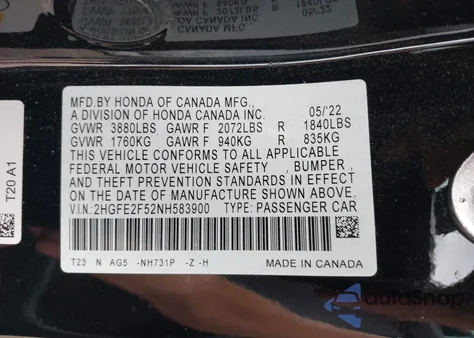 2022 Honda Civic Sport z USA, uszkodzony, nr VIN 2HGFE2F52NH583900